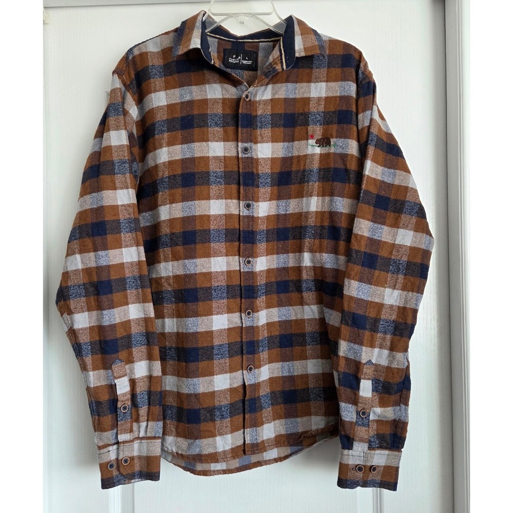 Public Record Mens Tan Navy Gray Plaid Flannel L/Sleeve Cali Bear Shirt‎ Sz L